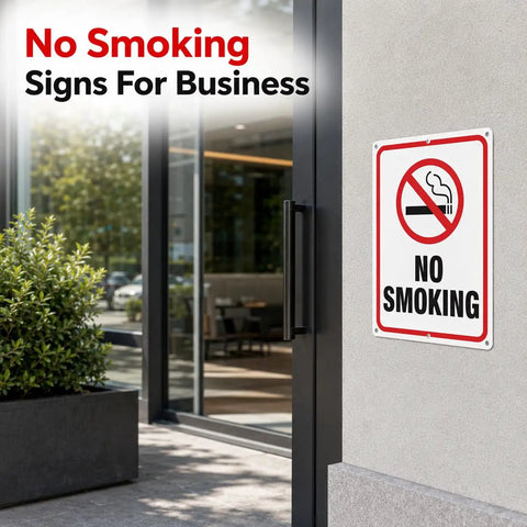 Heavy Duty No Smoking Signs For Business And Restaurants, 10 X 7 Inch Aluminum Metal No Vaping Wall Plaque With Rounded Edges, Rust Free Easy Hang Indoor Outdoor 4 Pack on entrance wall.