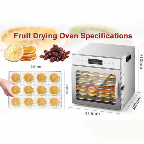 Built Tough Eight Tray Food Dehydrator Large Capacity Machine With Stainless Steel Racks on countertop with fruit trays.