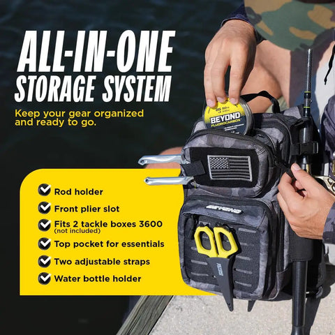 Compact Tackle Backpack For On The Go Fishing The Voyager Black Onyx with visible gear pockets and adjustable dual straps