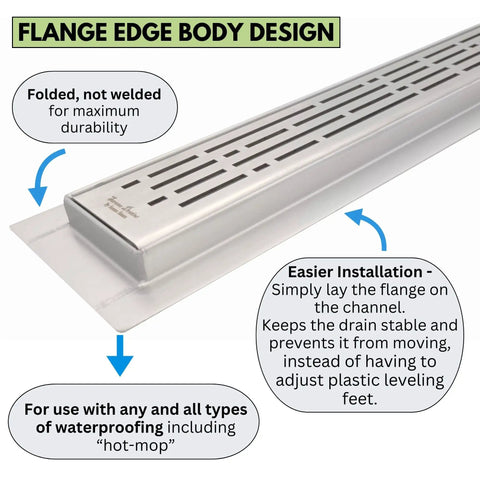 Built Like A Tank Extra Thick Six Gauge Stainless Steel Linear Shower Drain Kit Featuring Brushed Wedge Grate For Tile Floors And Zero Clog Hair Catcher Strainer Fifty Nine Inches Long with flange edge body design