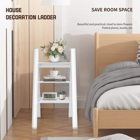 White decorative stepladder with flowers and books in bedroom corner near bed.
