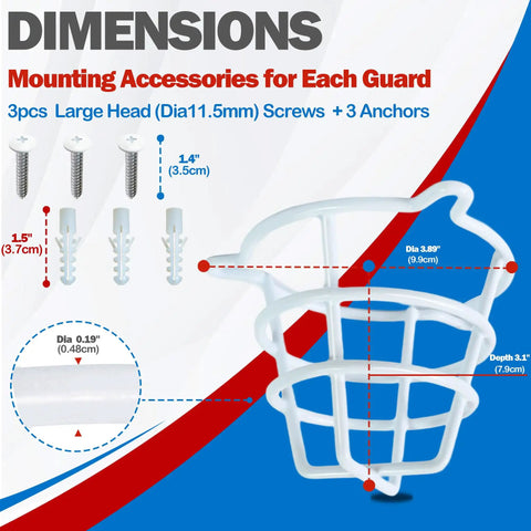 Dimensions of Tough As Nails White Sprinkler Head Guard with screws and anchors for secure mounting.