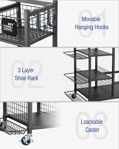 Boss Level Extra Large Golf Bag Storage Organizer with 3 tier shoe rack, movable hooks, lockable wheels displayed