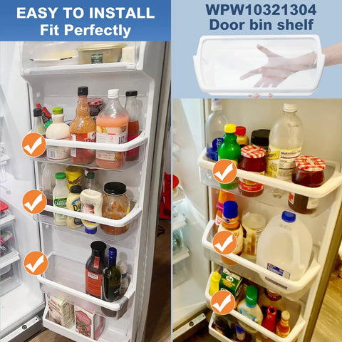 Image showing two pack fridge door shelf bin replacement WPW10321304 compatible with Kenmore and Whirlpool refrigerators installed.