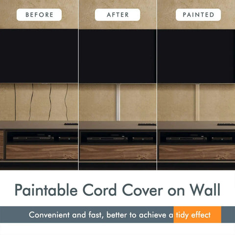 Before and after using No More Messy Cords TV Cord Cover Raceway On Wall 31.5 Inch Cable Management System, shown unpainted and painted.