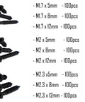 Straight Up Heavy Duty Flat Head Self Tapping Screw Assortment Kit For Wood And Sheet Metal In Black Carbon Steel Nine Sizes One Hundred Pieces Each displayed in various sizes.