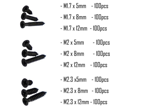Straight Up Heavy Duty Flat Head Self Tapping Screw Assortment Kit For Wood And Sheet Metal In Black Carbon Steel Nine Sizes One Hundred Pieces Each displayed in various sizes.