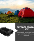 Black Tactical Outdoor Storage Box With Modular Attachment System, crush-resistant ABS case for camping gear next to tents