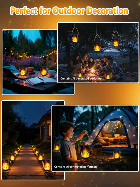 Four Pack Solar Lanterns With Flickering Flame, Outdoor Waterproof Hanging Lights illuminating party and pathway at night