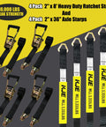 Beefy Heavy Duty Car Trailer Tie Down Straps 4 Pack Kit With 2 Inch By 8 Foot Ratchet Straps And J Hooks With Clip, Plus 2 Inch By 36 Inch Axle Straps