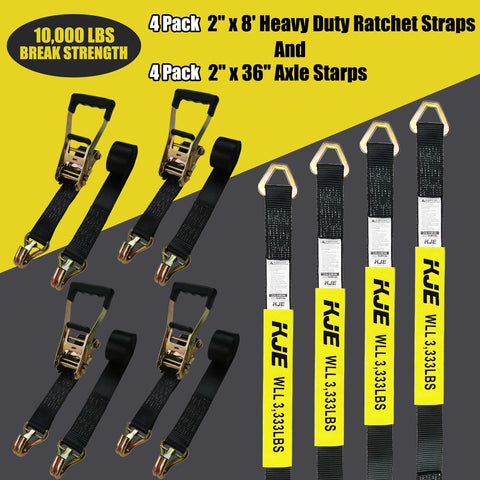 Beefy Heavy Duty Car Trailer Tie Down Straps 4 Pack Kit With 2 Inch By 8 Foot Ratchet Straps And J Hooks With Clip, Plus 2 Inch By 36 Inch Axle Straps