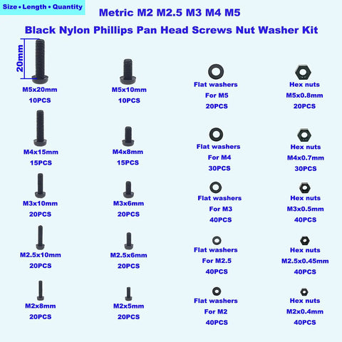 Metric M2 M2.5 M3 M4 M5 Nylon Phillips Pan Head Screws Nuts And Washers Assortment Kit Black 510 Piece Set chart