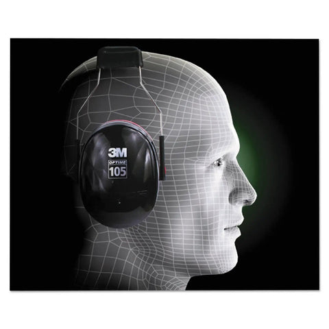 Optime 105 High Performance Ear Muffs, All Day Comfort Over The Head Earmuffs With Double Shell Tech, Stainless Steel Headband For Low Pressure Fit, Earcup Tilt For Comfort, Black Red, One Pair
