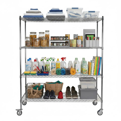 Five Tier Heavy Duty Steel Storage Rack With 250kg Per Shelf Load, Tool Free Assembly, organized with household items