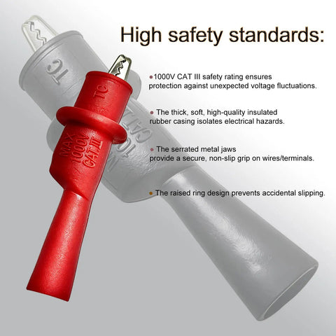 Pro Grade 49 Inch Silicone Multimeter Lead Kit With Gold Plated Probes, Alligator Clips And 0.8mm Back Probe Needles, CAT III 1000V 20A Safety Tested, showing red and gray insulated clips.