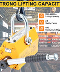 Industrial Grade Permanent Lifting Magnet With Easy Release Lever, Badass Steel Grapple For Shop Cranes And Hoists, No Sweat Handling Up To Two Thousand Kilogram Loads, close-up of yellow magnet with a hook.