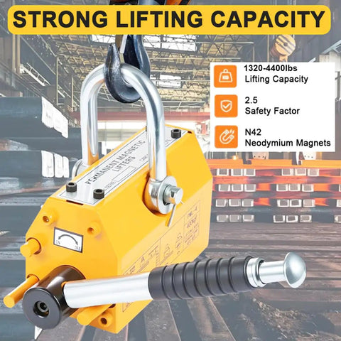 Industrial Grade Permanent Lifting Magnet With Easy Release Lever, Badass Steel Grapple For Shop Cranes And Hoists, No Sweat Handling Up To Two Thousand Kilogram Loads, close-up of yellow magnet with a hook.