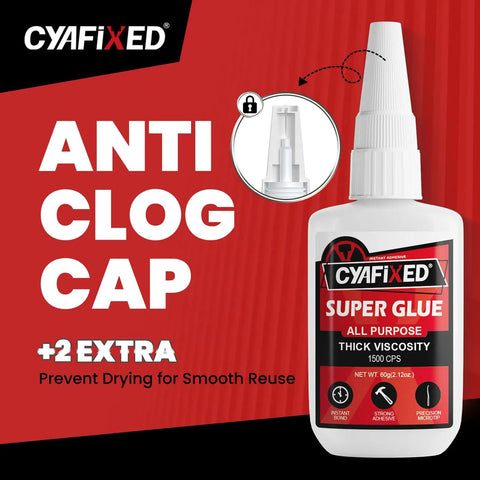 Heavy Duty Quick Dry Super Glue 120 Gram Clear Instant Adhesive featuring anti-clog cap and branding details.