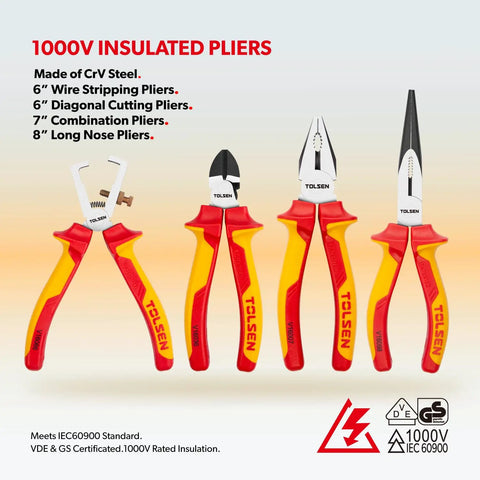 Top Notch Vde Insulated Screwdriver And Pliers Set For Electricians 11 Piece Pro Gear with 1000V rated crv steel pliers in various sizes.