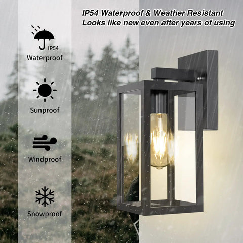 Rugged Outdoor Wall Light Sconce Waterproof Exterior Fixture In Black With Clear Glass Shade No Rust E26 Socket