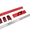 All In One Cabinet Hardware Jig For Handles And Knobs Inch And Metric Drill Guide with red aluminum parts and metric ruler
