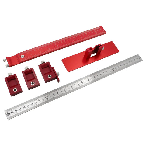 All In One Cabinet Hardware Jig For Handles And Knobs Inch And Metric Drill Guide with red aluminum parts and metric ruler
