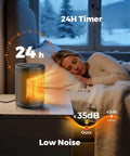 Small Space Ceramic Heater For Indoor Use on nightstand, displaying low noise and 24-hour timer while woman sleeps peacefully.