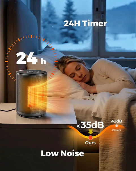 Small Space Ceramic Heater For Indoor Use on nightstand, displaying low noise and 24-hour timer while woman sleeps peacefully.