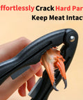 Two-Pack Crab Crackers And Tools Set With Built-In Cutter showing easy shell cracking with a crab leg inside, durable design.