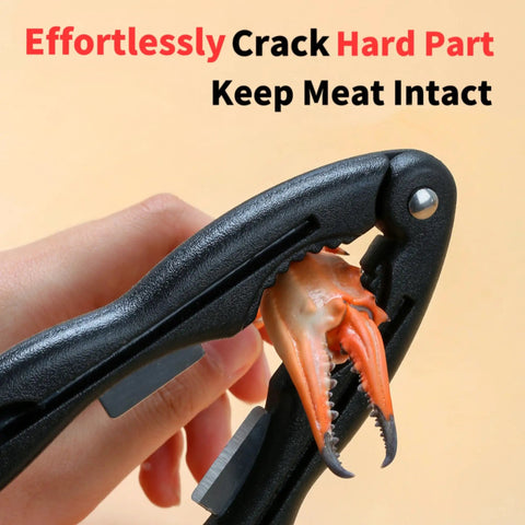 Two-Pack Crab Crackers And Tools Set With Built-In Cutter showing easy shell cracking with a crab leg inside, durable design.