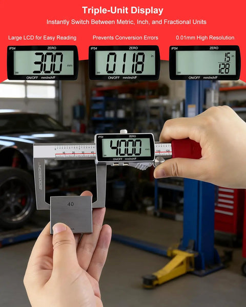 Digital Disc Brake Rotor Micrometer With 0 To 50mm Range And 0 To 2 Inch Readout Heavy Duty Pro Grade Digital Caliper MM Inch Display IP54 Waterproof Stainless Steel For Auto Repair And DIY Projects in use, showing LCD display.
