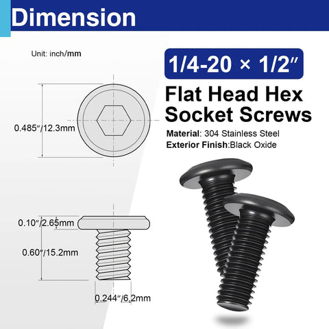 Fifty Count Pack Of 1/4-20 X 1/2 In Flat Head Socket Cap Screws Built Damn Tough With Rust Proof Coating For Kick Butt Garage Builds And Sweet Diy Fixes That Really Bring It Home, showing screw dimensions and details.