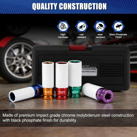 Half Inch Drive Wheel Protector Deep Impact Socket Set Seven Piece Ultra Thin Wall 6 Point Metric Kit With Color Coded Lug Nut
