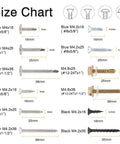 Size chart for All Purpose Self Drilling And Self Tapping Screws Kit For Drywall Metal And Wood Zinc Plated