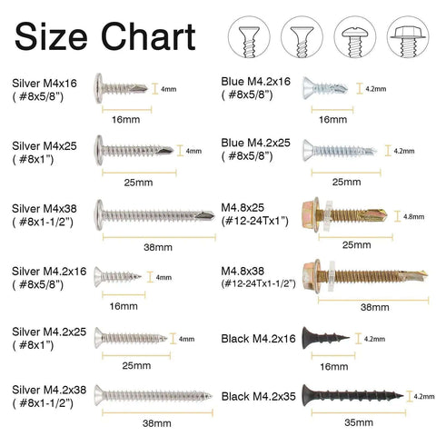 Size chart for All Purpose Self Drilling And Self Tapping Screws Kit For Drywall Metal And Wood Zinc Plated