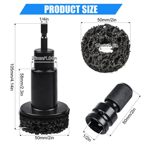 Wheel Hub Cleaning Tool Kit Pro Grade Heavy Duty Resurfacing Kit with 7 Pads shown in 50mm dimensions, steel and grit materials.