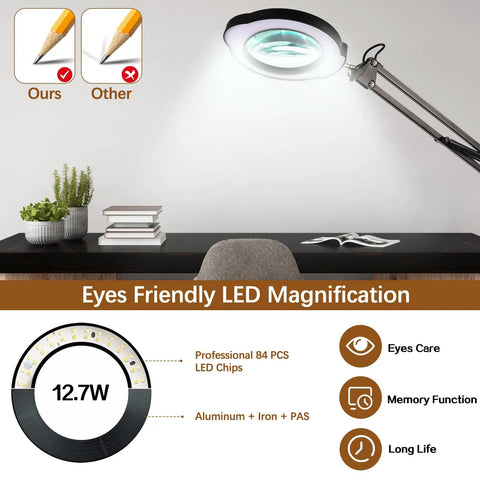12X Magnifying Glass With Light And Clamp For Hands Free Precision Work Reading Craft And Repair 84 LED Real Glass Lens Magnifier Lamp For Close Up Detail DIY Soldering And Hobby Projects Black on a desk