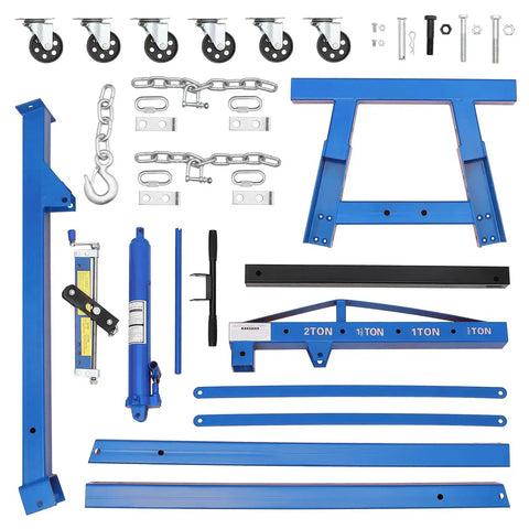 Parts of Heavy Duty Hydraulic Engine Hoist Cherry Picker 4400 Lbs Capacity Rock Solid Blue Shop Crane including wheels and frame.