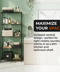 Rock Solid Steel Wire Shelving Unit Five Tier Storage Rack Built Tough With Self Leveling Feet NSF Certified Food Safe For Kitchens Garages And Commercial Shops Black One Fourteen X Two Forty X Fifty Nine Inches in a compact design with towels and bottles.