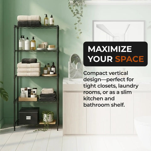 Rock Solid Steel Wire Shelving Unit Five Tier Storage Rack Built Tough With Self Leveling Feet NSF Certified Food Safe For Kitchens Garages And Commercial Shops Black One Fourteen X Two Forty X Fifty Nine Inches in a compact design with towels and bottles.