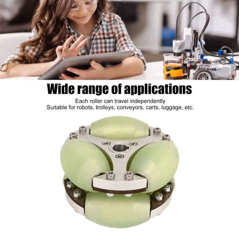 Heavy duty omni wheel 360 rotation for robots, carts, and luggage, showcasing wide applications and smooth maneuverability.