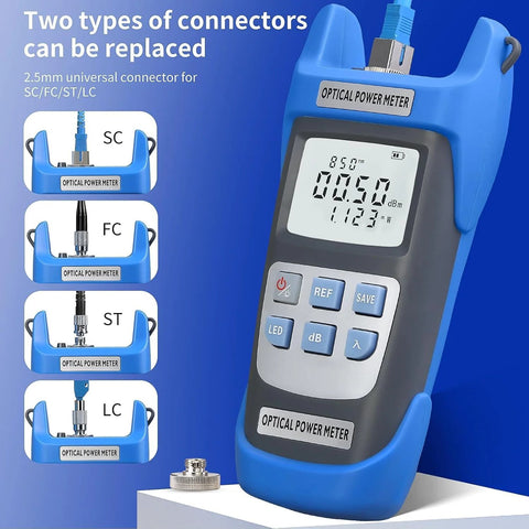 Optical power meter front view in blue handheld device with LCD display and keypad; four adapters (SC/FC/ST/LC) plus FC-LC adapter.