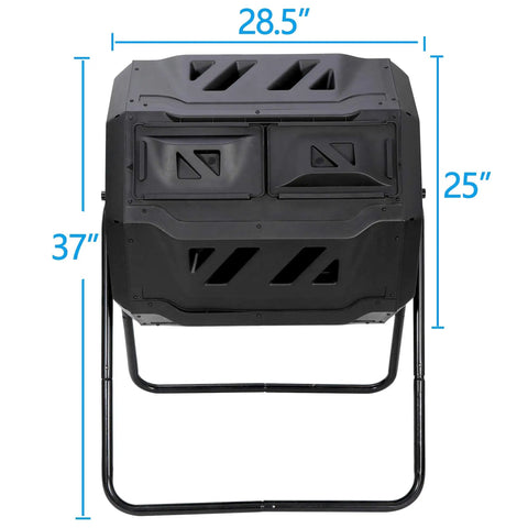 Front view of Outdoor Dual Chamber Tumbling Compost Bin With 43 Gallon Capacity, Rotating Bin Featuring Sliding Doors And Sturdy Steel Frame, Black, with dimensions 28.5x25x37 inches.