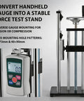 All In One 500N Digital Force Gauge And Manual Test Stand Kit With N Lb Kg Oz Units Nine Point Eight Inch Stroke Dual Clamp Test Stand For Tension And Compression Great For Lab School And Industrial Testing, mounted on manual stand