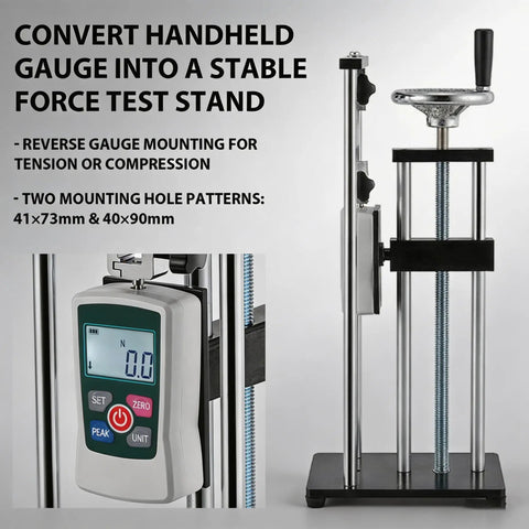 All In One 500N Digital Force Gauge And Manual Test Stand Kit With N Lb Kg Oz Units Nine Point Eight Inch Stroke Dual Clamp Test Stand For Tension And Compression Great For Lab School And Industrial Testing, mounted on manual stand