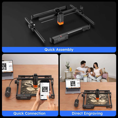 Front view of ATOMSTACK 20W A20 PRO V2 laser engraver on metal frame with orange head