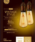 Vintage Edison Style LED Light Bulbs, 6 Watts, 60 Watt Equivalent, Cozy Retro Candle Glow, Amber Glass, Dimmable, Medium Base, 2 Pack