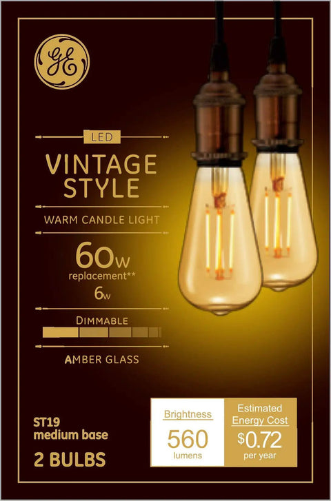 Vintage Edison Style LED Light Bulbs, 6 Watts, 60 Watt Equivalent, Cozy Retro Candle Glow, Amber Glass, Dimmable, Medium Base, 2 Pack