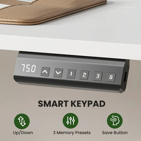 Electric Standing Desk With Memory Height Adjustment And Smooth Lift smart keypad with digital display under white desk.