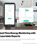 Smart Energy Plug 15A 4 Pack With Real Time Energy Monitoring interface shown on mobile device in modern kitchen setting